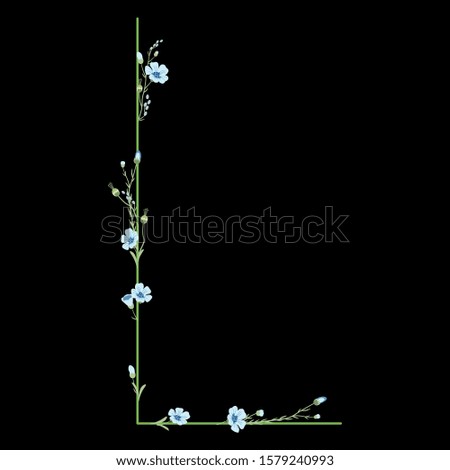 Isolated vector illustration. Capital letter L with floral motifs. Botanical font with branches of flax flower. On black background.