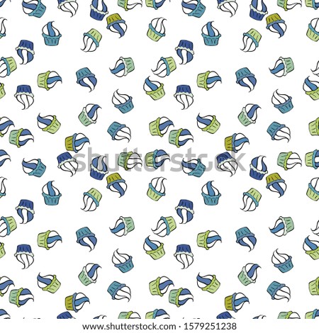 Seamless pattern with sweet desserts. Black, blue and white color. Cream. Wrapping paper. Endless pattern, black, blue and white background.