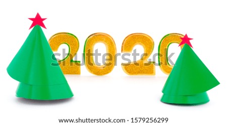 Christmas card  with two New Year trees white background and 2020 figure.