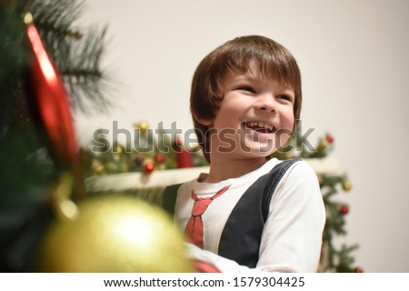Portrait of happy boy next to Christmas decoration.  Excited child decorating house for New Year