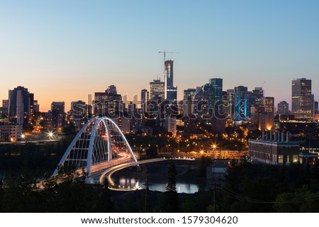 Beautiful city lights of Edmonton downtown at sunset, Alberta, Canada Royalty-Free Stock Photo #1579304620
