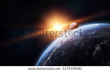 Planet Earth and Moon satellite in outer space. Stars and galaxies on background. Nebula. Elements of this image furnished by NASA
