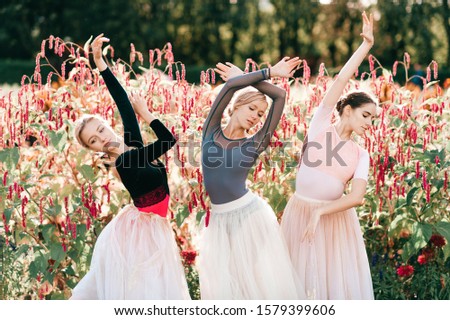 Dramatic portrait of three graceful ballerinas posing and dancing over pink flowers on background.
