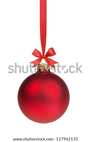 red christmas ball hanging on ribbon with bow, isolated on white Royalty-Free Stock Photo #157942133