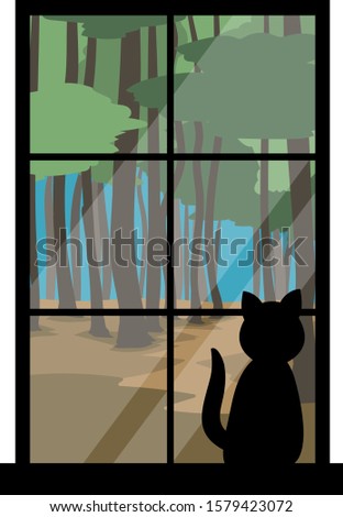 A lonely cat silhouette sitting on six glass windowsill, looking out into the green forest.  The sky is bright blue.  isolated vector illustration.