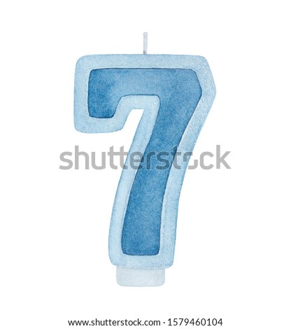 Watercolor of blue "Number 7" candle decorated with silver glitter. Hand painted watercolour graphic drawing on white, cutout clip art element for design, birthday card, poster, sticker, invitation.