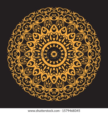 Mandala gold and black background. Vintage decorate element. Ornament of mandala can be used a invitation card.