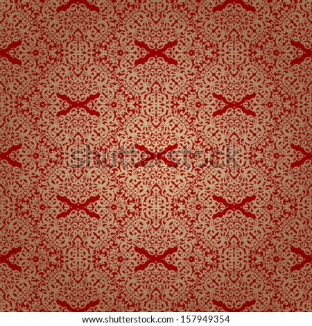 Vintage seamless pattern with lacy ornament in retro style. Golden brocade background. It can be used for wallpaper, pattern fills, web page background, surface textures.
