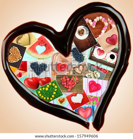 Collage of heart-shaped things in chocolate heart on beige background