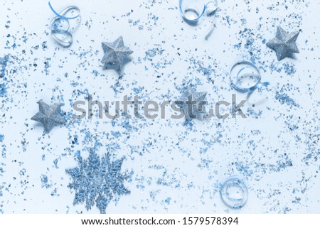 Classic blue color of the year 2020 Abstract glitter blue background festive Christmas decor for greetings with copy space flat lay top view