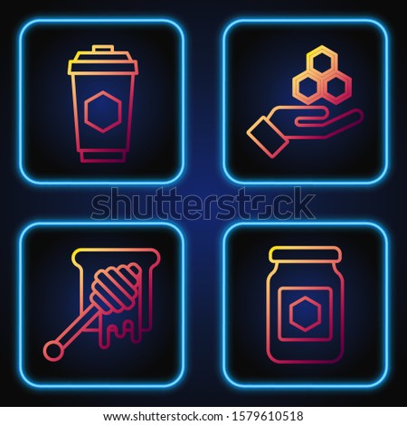 Set line Jar of honey, Honey dipper stick with dripping honey, Cup of tea with honey and Honeycomb and hand. Gradient color icons. Vector