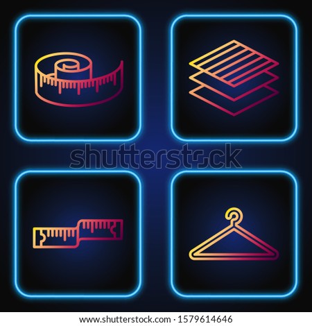 Set line Hanger wardrobe, Tape measure, Tape measure and Textile fabric roll. Gradient color icons. Vector