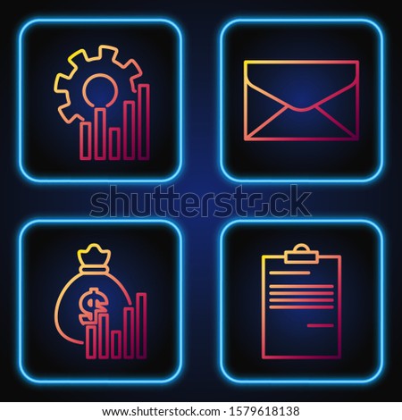 Set line Document, Money bag and diagram graph, Pie chart infographic and Envelope. Gradient color icons. Vector