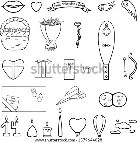 Saint Valentine's Day big set in black lines. Flower bouquets, candles, jewerly, giftboxes, Cupid's wings, bow and arrow, lips, heart, banner, card, paper airplane, sky lanterns, clouds. Vector.