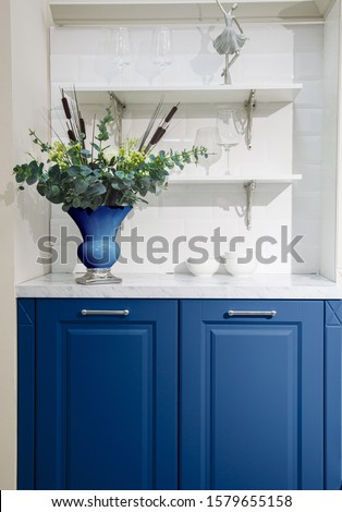 decor in the Modern kitchen classic blue color interior. color of the year 2020 classic blue pantone
