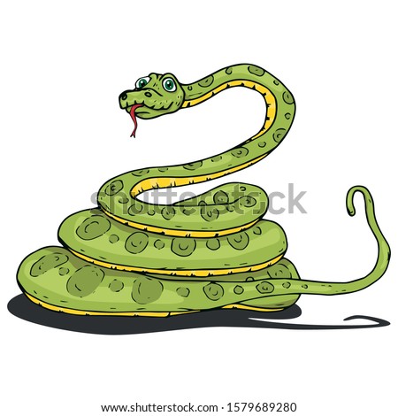 Snake icon. Vector illustration of a cute snake curled up into rings. Hand drawn cartoon snake python with a pattern on the skin.