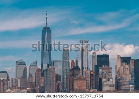 New York City skyline. Skyscrapers of Manhattan with blue sky