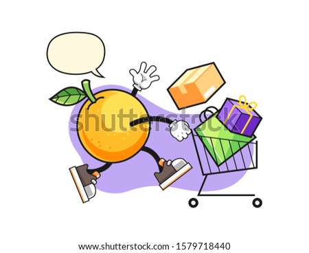 Grapefruit shopping with speech bubble cartoon. Mascot Character vector.