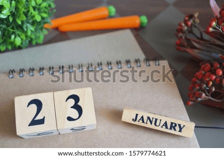 January 23, Save the date with number cube design for background.