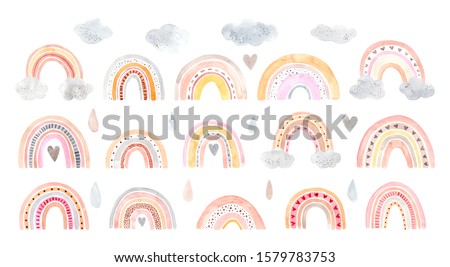 Watercolor hand painted rainbows set. Illustration isolated on white background. Design for logo, baby textile, print, nursery decor, children decoration, kids room. Positive clipart printing fabric.