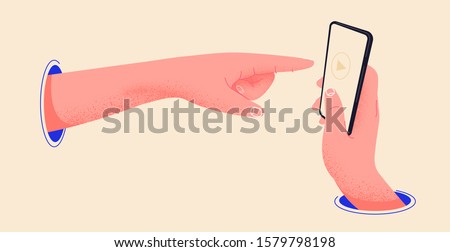 Hand pointing to a smartphone through a blue hole. Finger pointing to touch screen and press the play button. Editable phone template vector illustration. Holding phone in hand flat design drawing