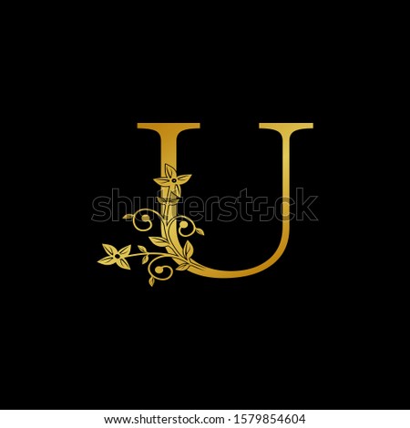 Golden Letter U Luxury  Logo Icon, vintage design concept floral leaves with letter  U gold color for initial, luxuries business, hotel, wedding service and more brand identity.