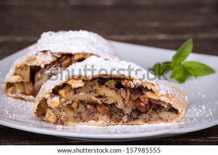 Slice of an apple strudel on a plate