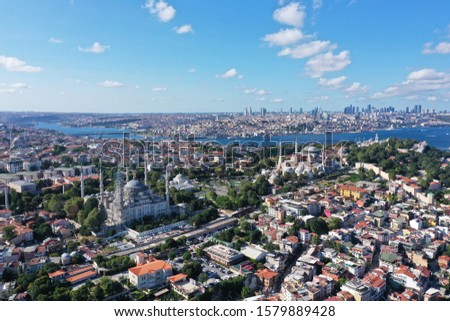 aerial picture of old town of Istanbul, Sultanahmet. Blue Mosque and Hagia Sophia can be seen. 
