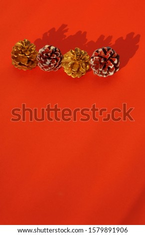 Christmas decoration on red paper colour with pine tree flower buds paint in red and gold with sunlight background in vertical image.