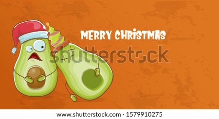 Merry chirstmas vector funky greeting horizontal banner or card with santa claus avocado character and his elf friend on orange background. Vector funny christmas party poster design template