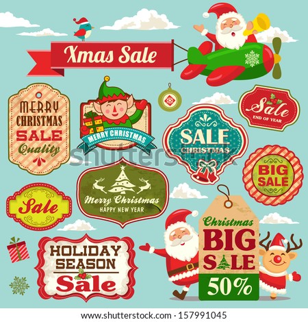 Christmas sale tags, labels and illustrations design elements collection