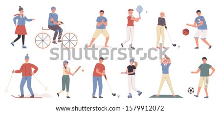 Summer and winter sports flat vector illustrations set. Active leisure, recreation. Male and female athletes, people doing sport cartoon characters bundle isolated on white background.