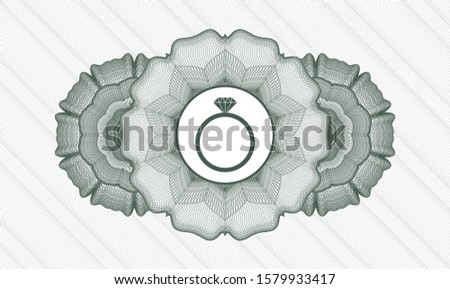 Green money style emblem or rosette with diamond ring icon inside