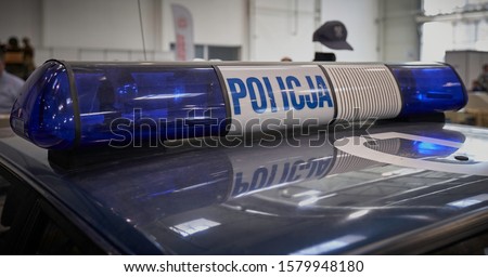 Close-up of police logo on police car (Policja means Police)                               