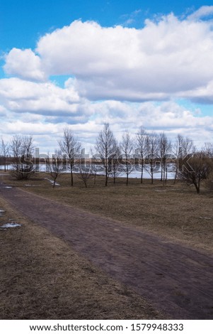the picture of nature in early spring near the lake with trees and cloudy sky, snow from the paths and grass has already gone, there is no green yet, but the approach of spring is already felt