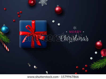 Dark blue Christmas background with Christmas decor including baubles, gift boxes, fir tree cuttings, glitter and confetti. Vector Illustration.