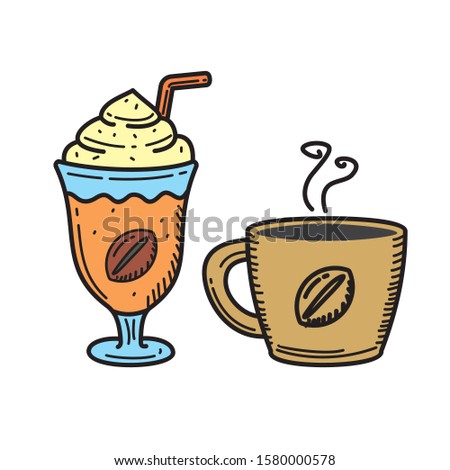 Hot and cold coffee drink vector illustration with colored hand drawn style isolated on white background