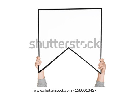 Hands holding the sign of bookmark on white studio background. Negative space to insert your text or image, advertising. Social media, meaning, communication, gadgets, modern technologies. Speech.