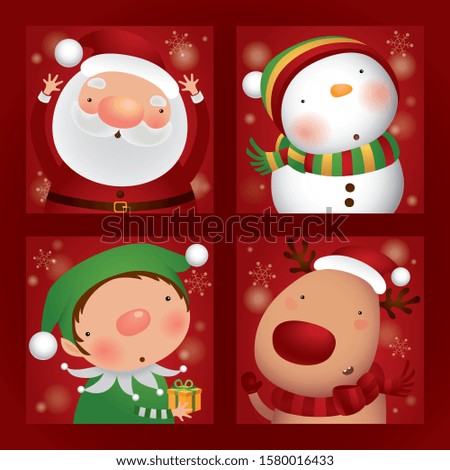 Christmas greeting card set, Santa Claus, Reindeer, Elf, and snowman with gift present in Christmas snow, Vector illustration