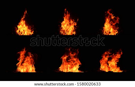 A set of 6 bonfires. Beautiful red fire. Natural bonfire that burns naturally. Thermal power Dark night On a black background
