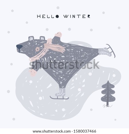 Winter or christmas cards. Vector cartoon illustration. T-Shirt Design & Printing, clothes for kids. Bear on skates.