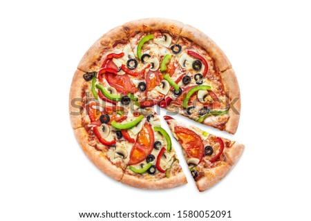 Delicious vegetarian pizza with champignon mushrooms, tomatoes, mozzarella, peppers and black olives, isolated on white background