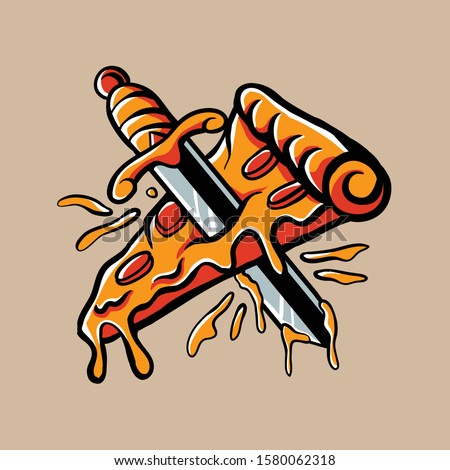 vector illustration of slice pizza.  Pizza stabbed by a sword. Pizza traditional tattoo design. clip art for tshirt design, stickers, poster, wall art, web, or phone wallpaper