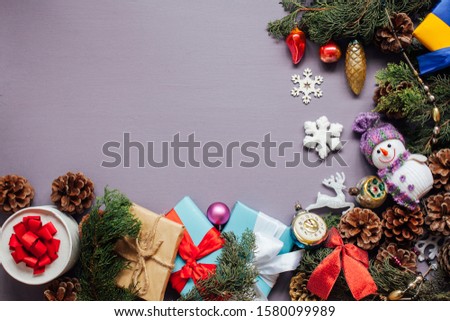 gifts Christmas tree new year holiday decor purple background
