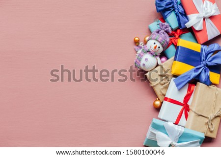 Christmas decoration new year presents holiday pink background