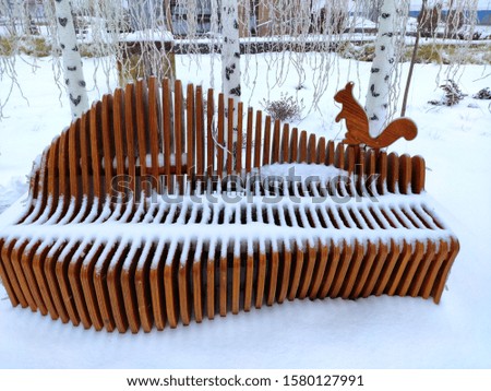 Beautiful wooden bench with carved squirrel powdered with snow