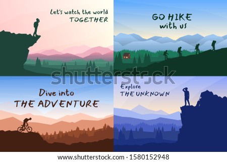 Vector backgrounds set. Travel concept of discovering, exploring and observing nature. Hiking. Adventure tourism. Flat design template of gift cards, banner, invitation, poster, website layout.