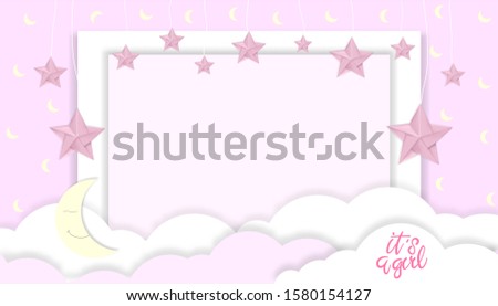 Vector illustration for baby girl shower card with clouds and stars hanging on pink background, Cute paper cut with copy space for baby's photos,