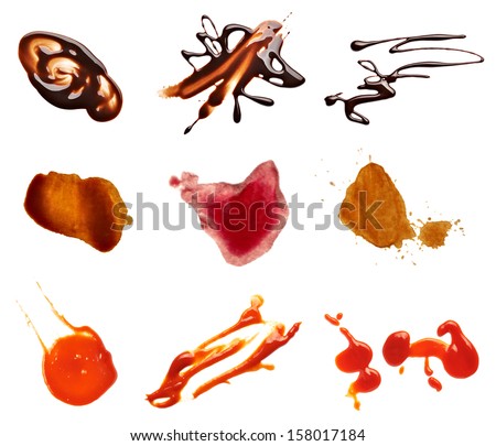 collection of various coffee, wine, ketchup and chocolate stains on white background. each one is shot separately