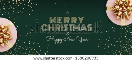 Merry Christmas and Happy New Year web banner. Green gifts box, golden glitter and golden bow ribbon on dark green background. 3d rendering illustration.